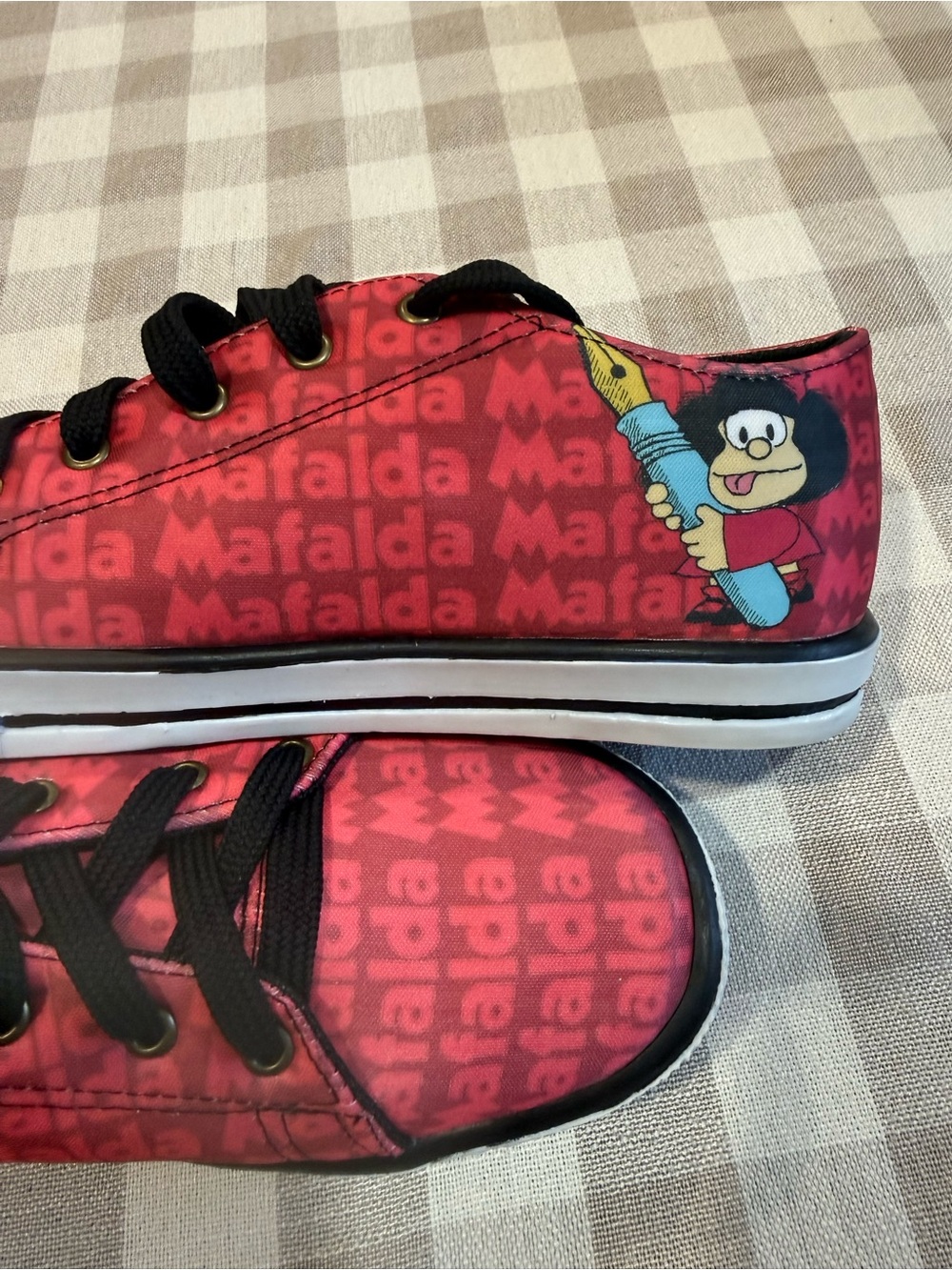 Women’s Red Mafalda Character Sneakers, Size 10.5